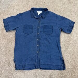 Jaeger Men Indigo Blue‎ 100% Linen Short Sleeve Button Down Shirt Dual Pocket M